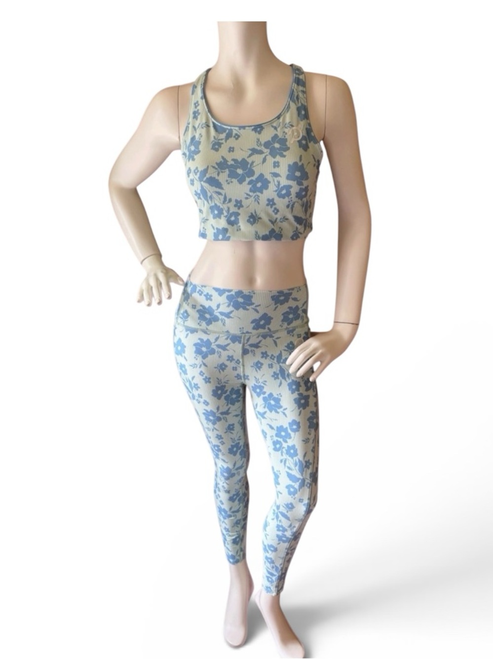 Peloton Blue Floral on Cream/Green Striped Women's Sports Bra & Leggings Set, M